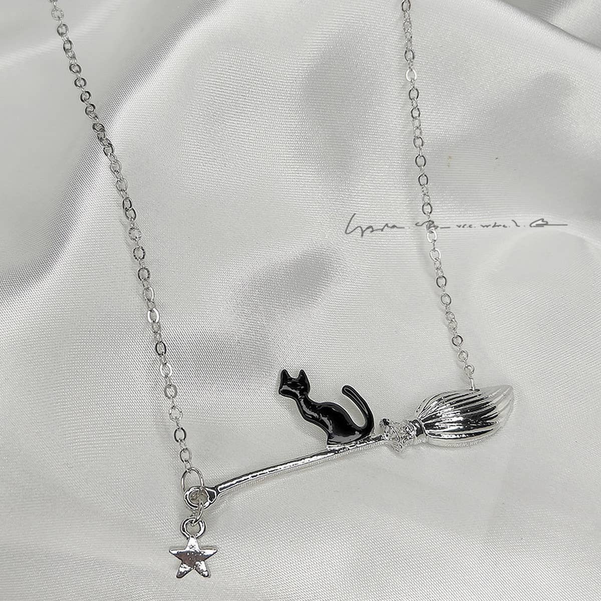 HALLOWEEN MAGIC BROOM BLACK CAT NECKLACE