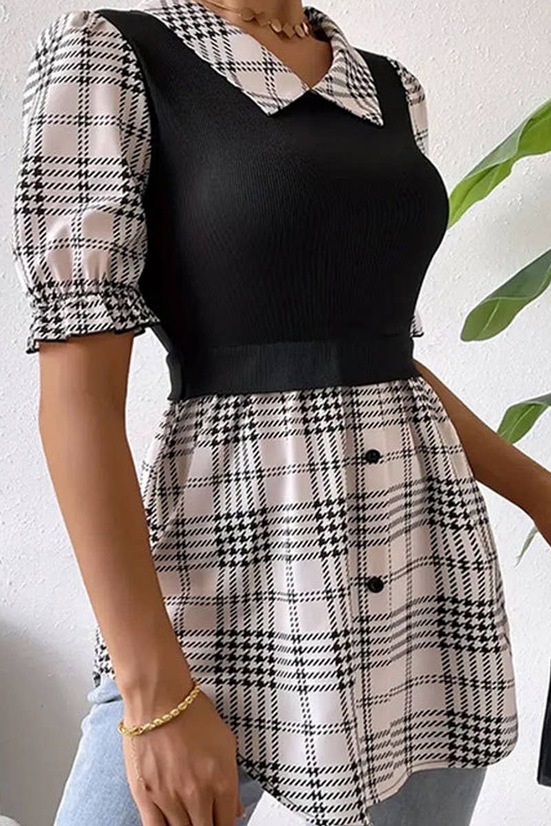 CWDSD7717_CONTRAST BUTTON PLAID MOCK TWO-PIECE DRESS