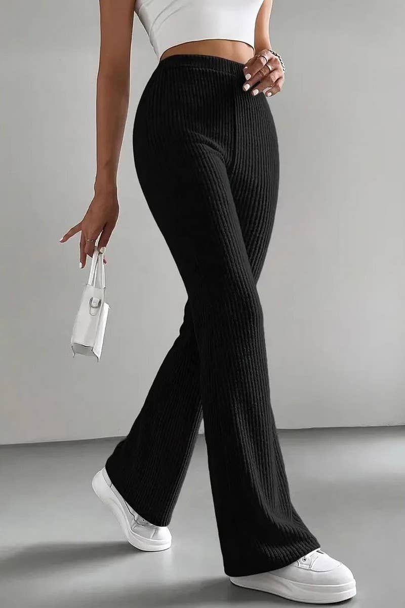 CWBLP1118_SOLID RIBBED SLIM-FIT KNIT BOOTCUT PANTS