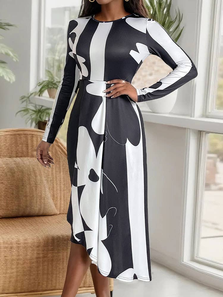 CREW NECK SLIM IRREGULAR PRINT DRESS