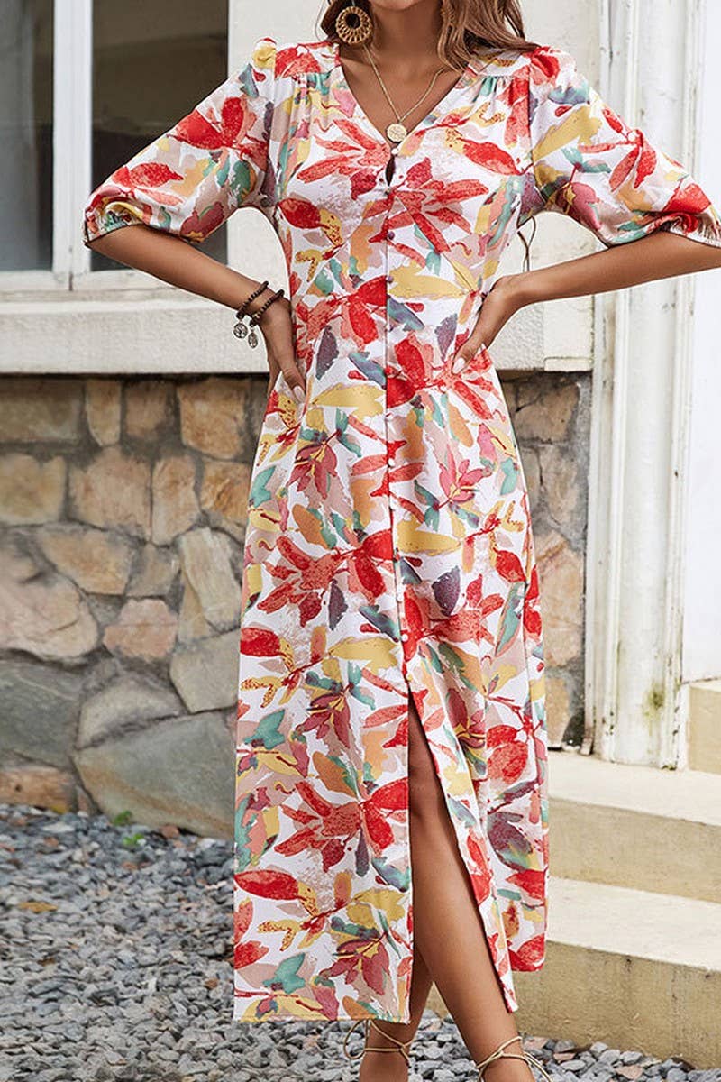 CWDMD2364_V-NECK FLORAL PRINT DRESS