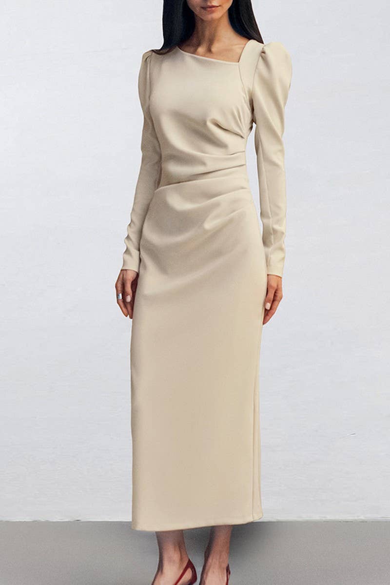 CWDMD6113_ASYMMETRIC NECK PUFF SLEEVE BODYCON SLIT DRESS
