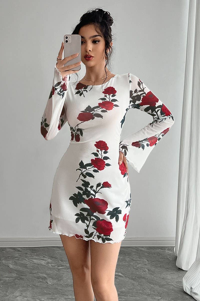 CWDSD8287_FLORAL BACKLESS MESH BELL SLEEVE MINI DRESS
