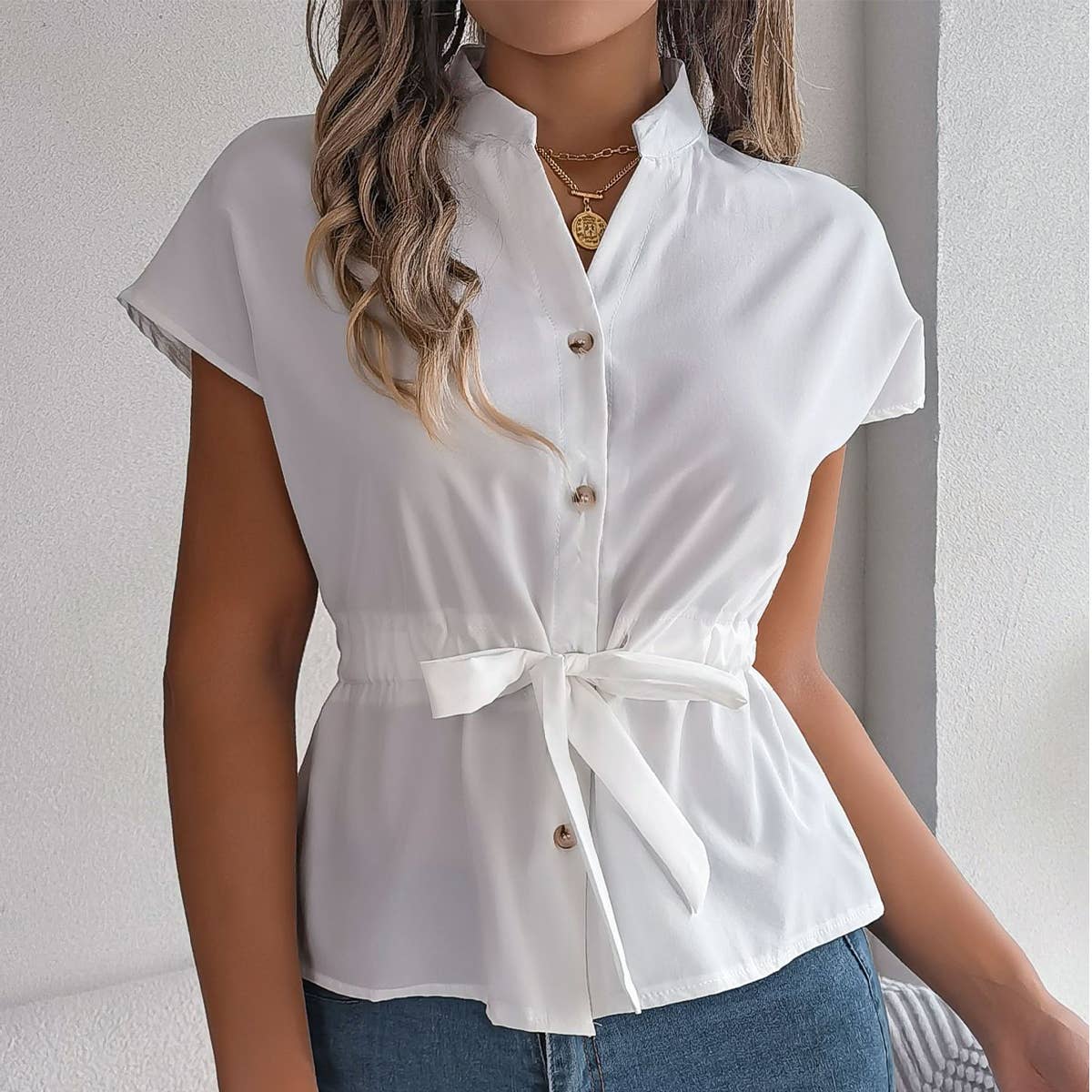 Casual solid color button-down drawstring shirt