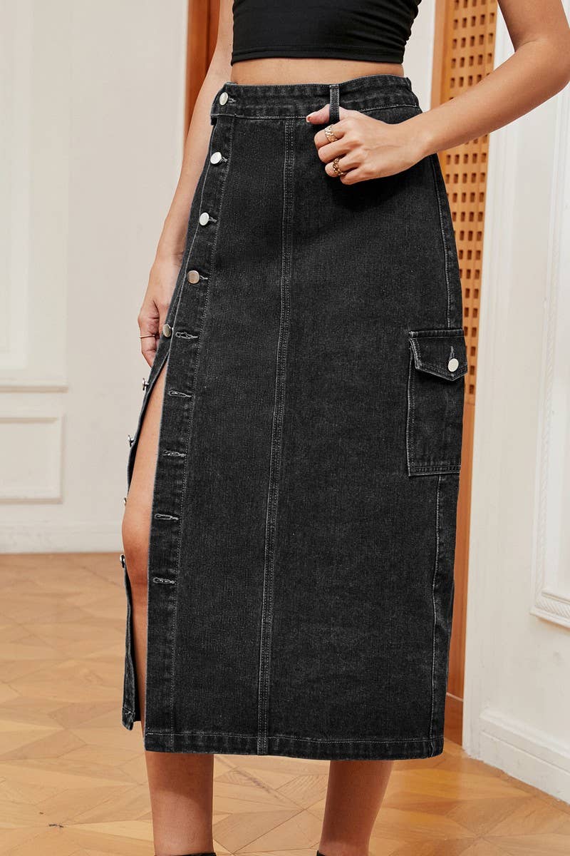 CWJSK00227_TRENDY HALF ELASTIC WAIST DENIM CARGO SKIRT
