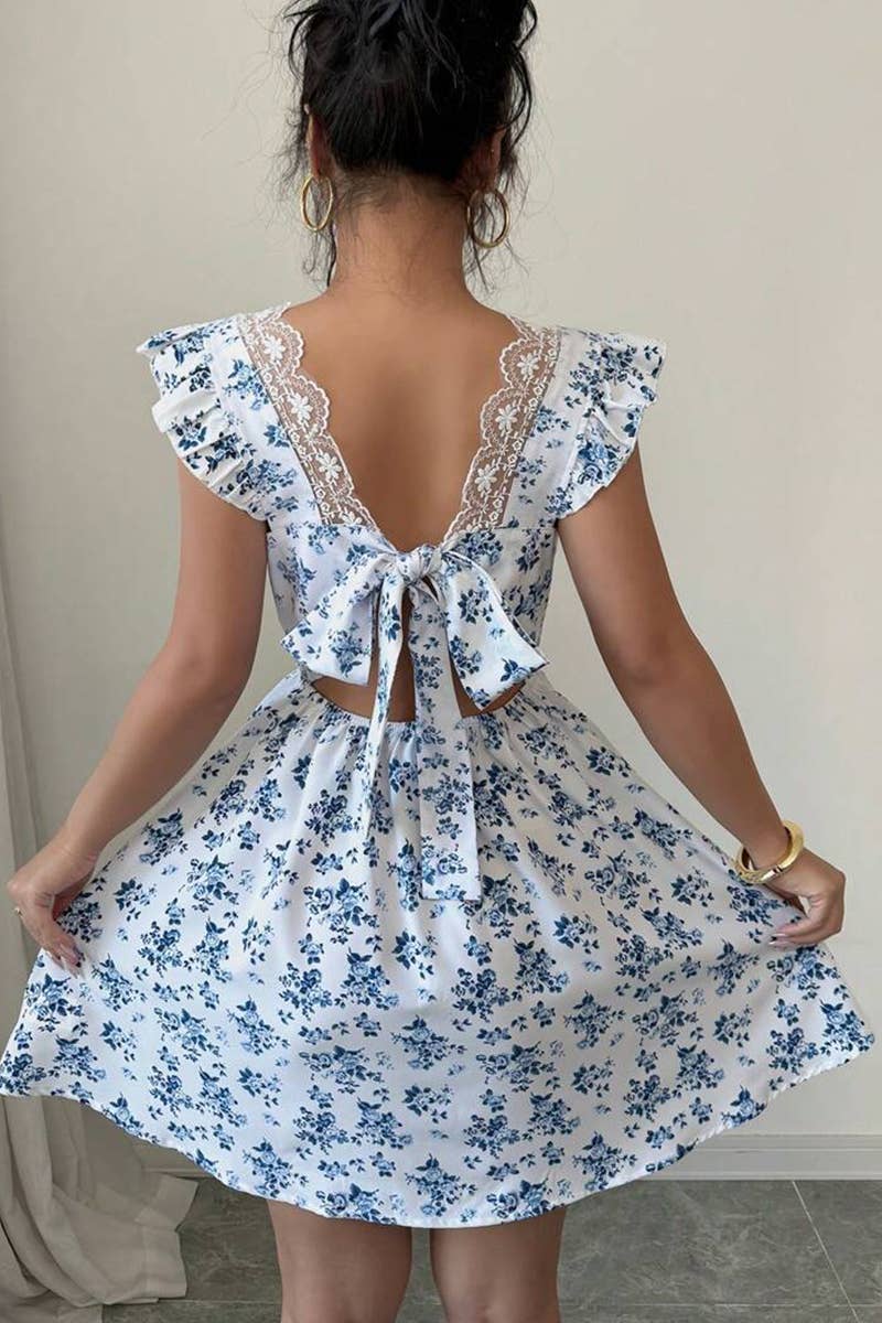CWDSD8299_V NECK FRENCH FLORAL PRINT RUFFLE DRESS