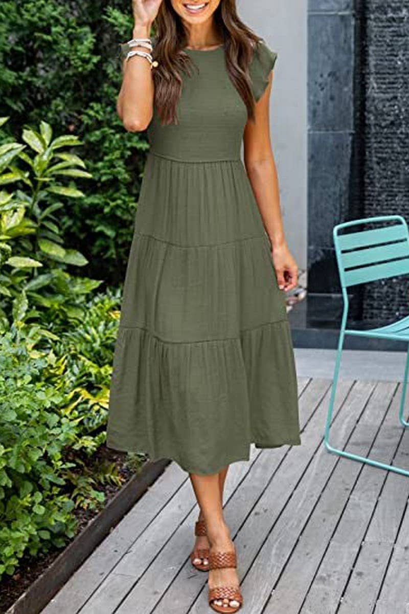 CWDMD2568_FLYING SLEEVE SHIRRED LAYERED SHORT SLEEVE DRESS