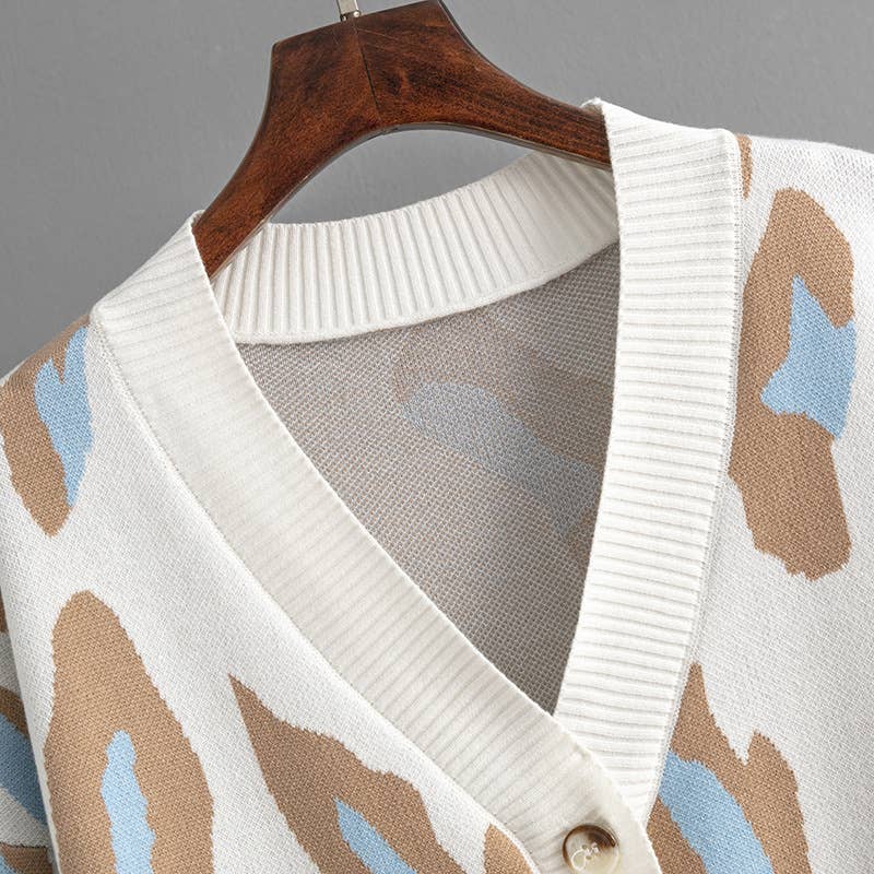 COLORFUL LEOPARD PRINT JACQUARD KNIT CARDIGAN