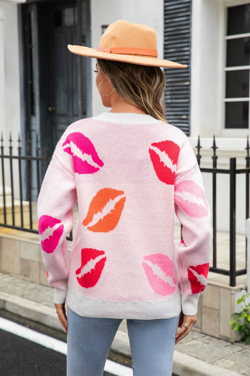 CWOSWL3165_LIPS PRINT VALENTINE'S DAY V-NECK KNIT SWEATER