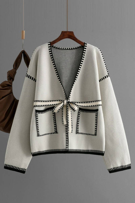 CWOCAL00666_TIE WAIST LONG SLEEVE CASUAL KNIT CARDIGAN
