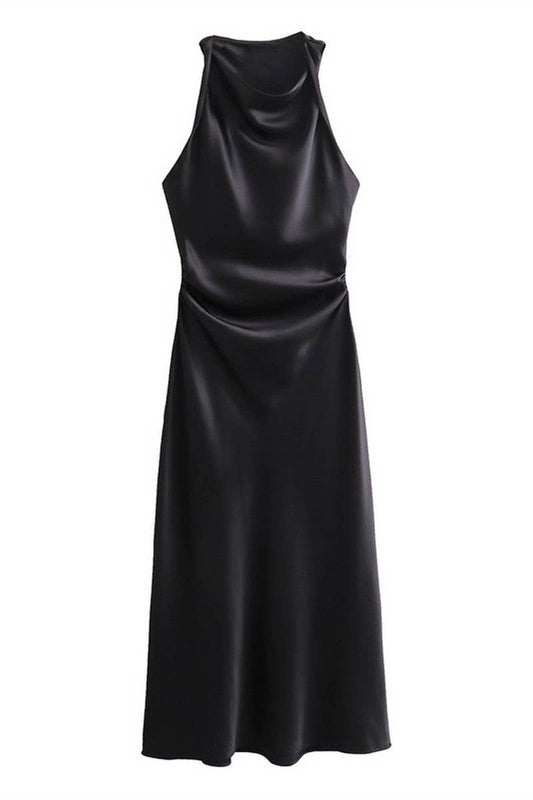 CWDMD4173_ROUND NECK SLEEVELESS BLACK SATIN DRESS