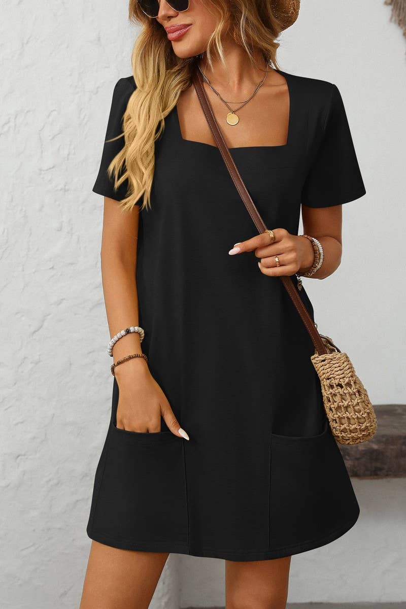 CWDSD7257_SOLID COLOR SQUARE NECK POCKET SHORT SLEEVE DRESS
