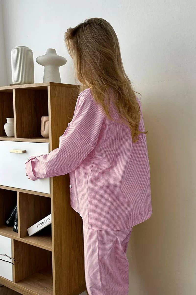 CWSPJ0223_PINK PLAID HOME WEAR PAJAMAS TWO PIECE SET