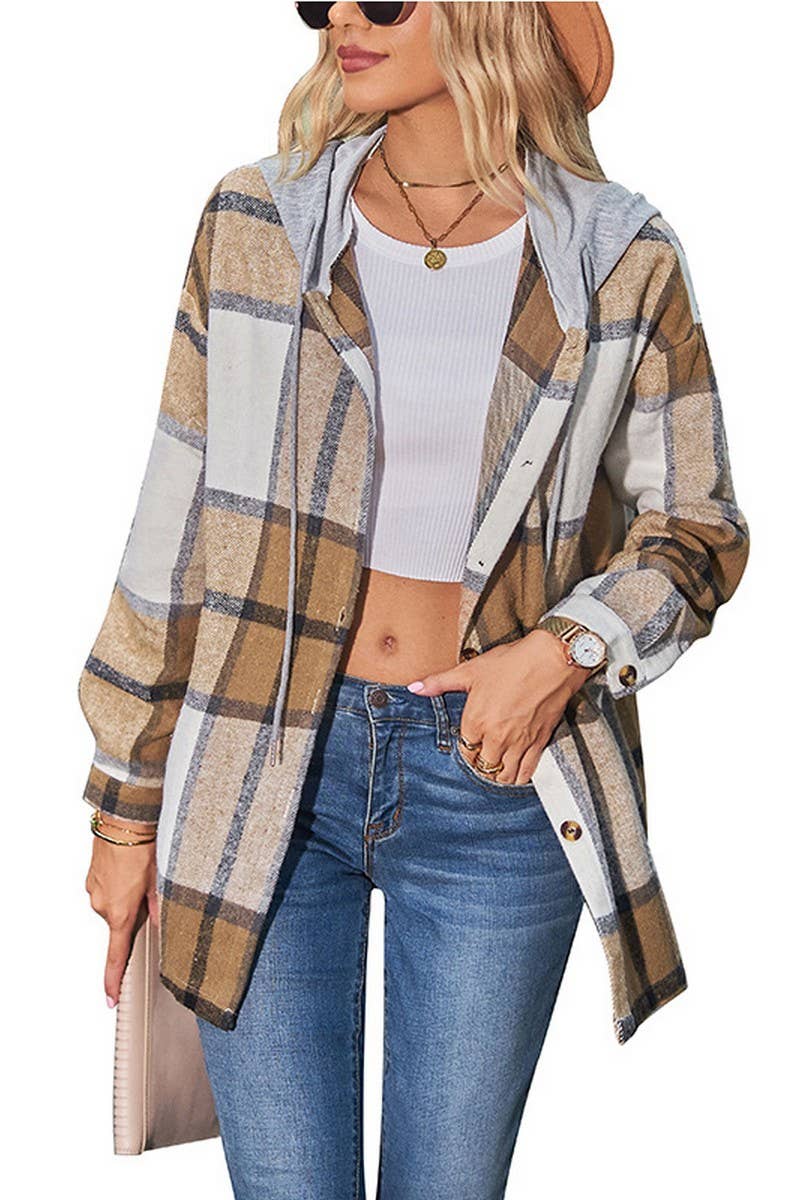 CWOCO1102_CASUAL LOOSE MID-LENGTH PLAID HOODED COAT