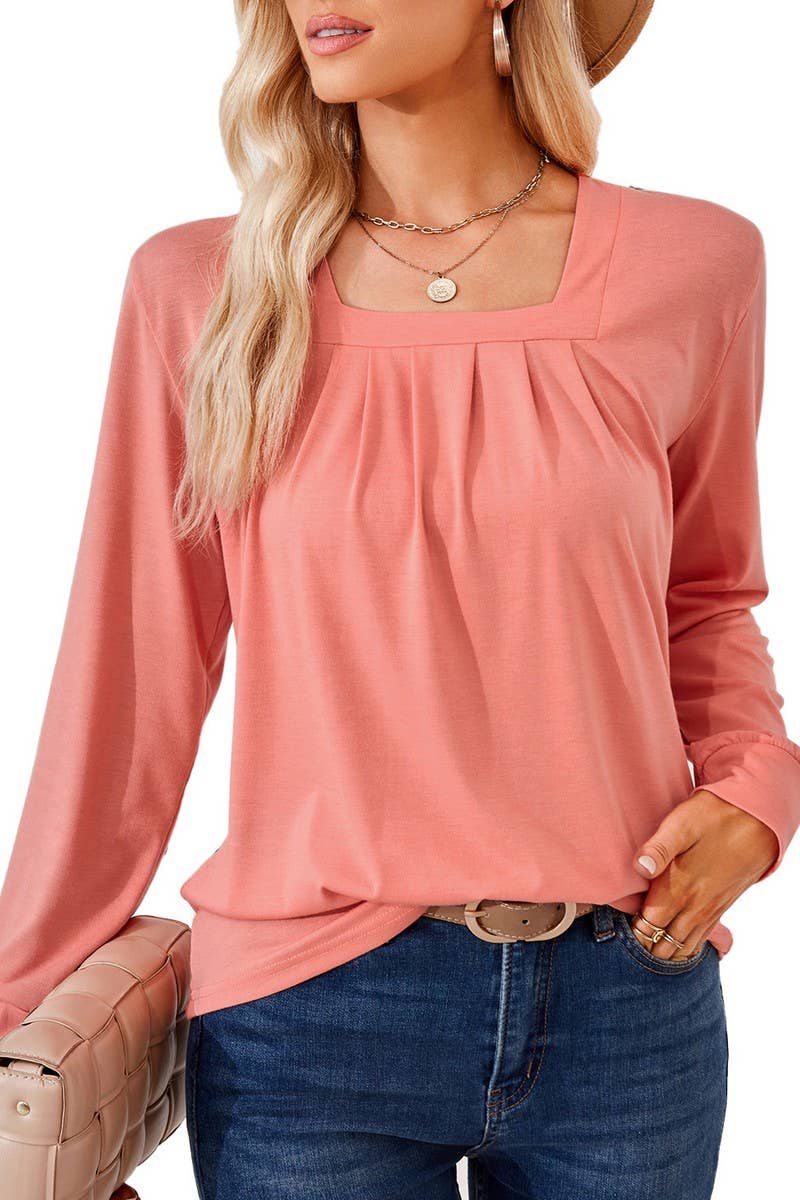 CWTBLL2409_SOLID COLOR SQUARE NECK PLEATED LONG SLEEVE TOP