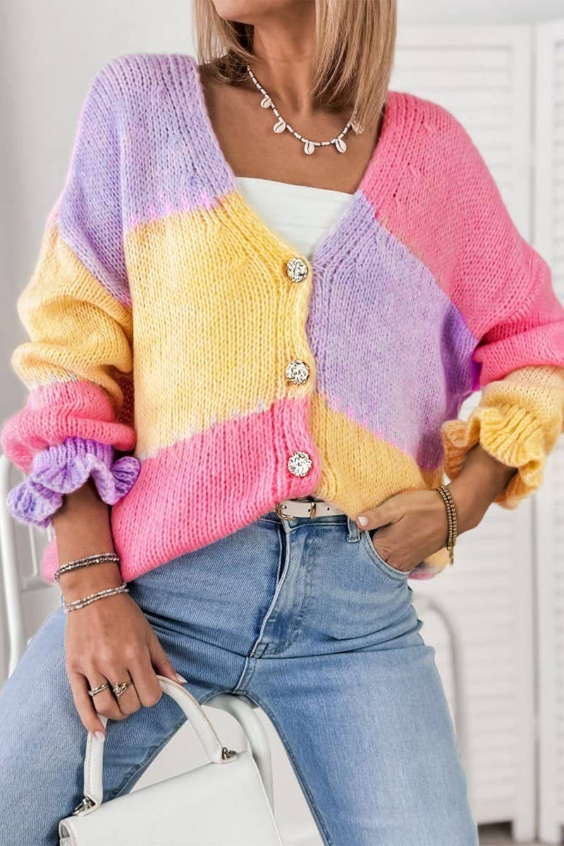 CWOCAL2362_COLORBLOCK RUFFLE EDGE LOOSE KNIT CARDIGAN