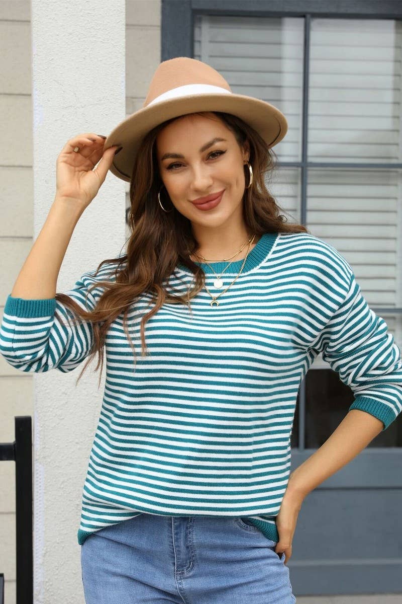 CWOSWL07603_CASUAL COLORBLOCK STRIPE CREWNECK SWEATER