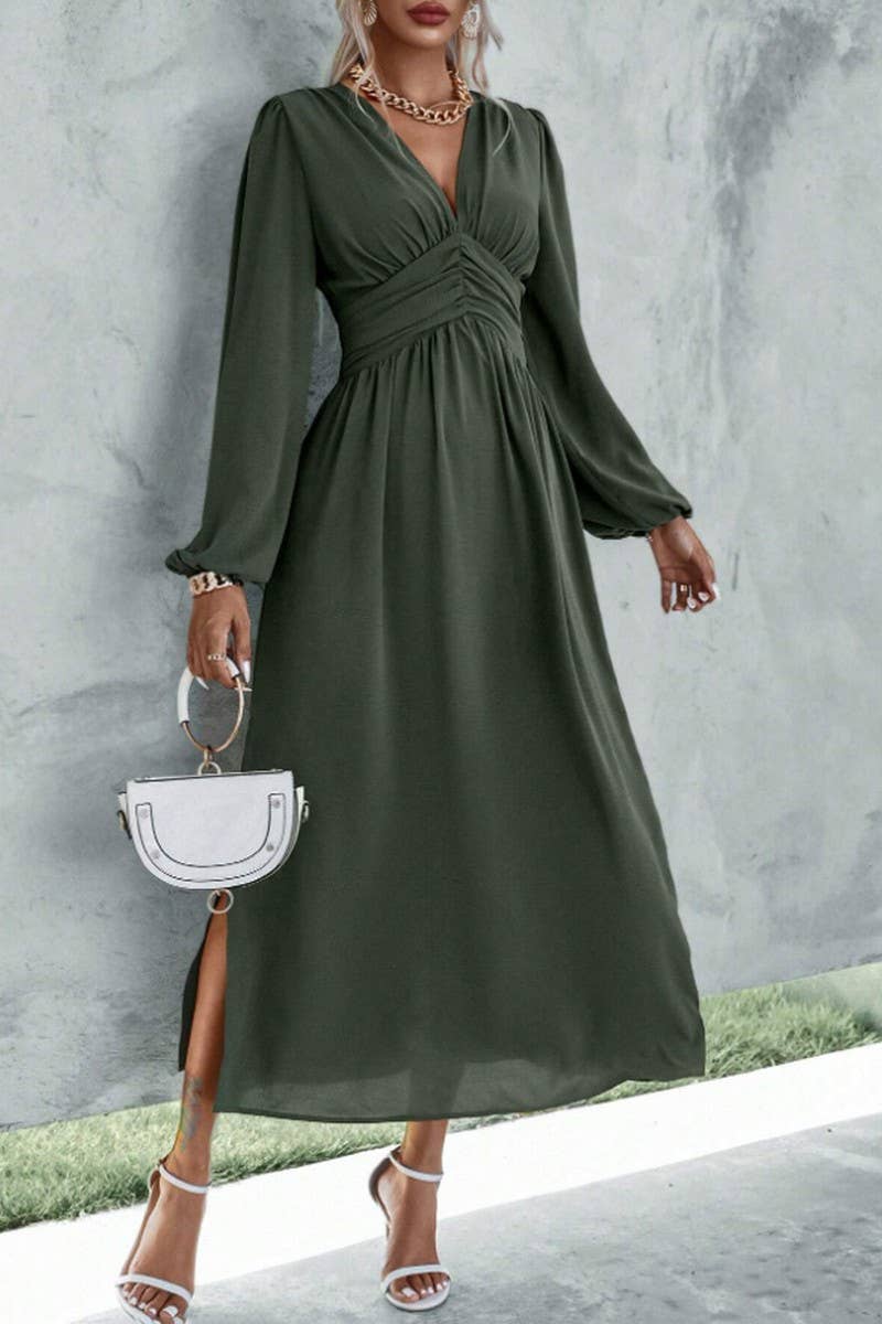 ELEGANT V-NECK PUFFED SLEEVE WAIST SLIT DRESS