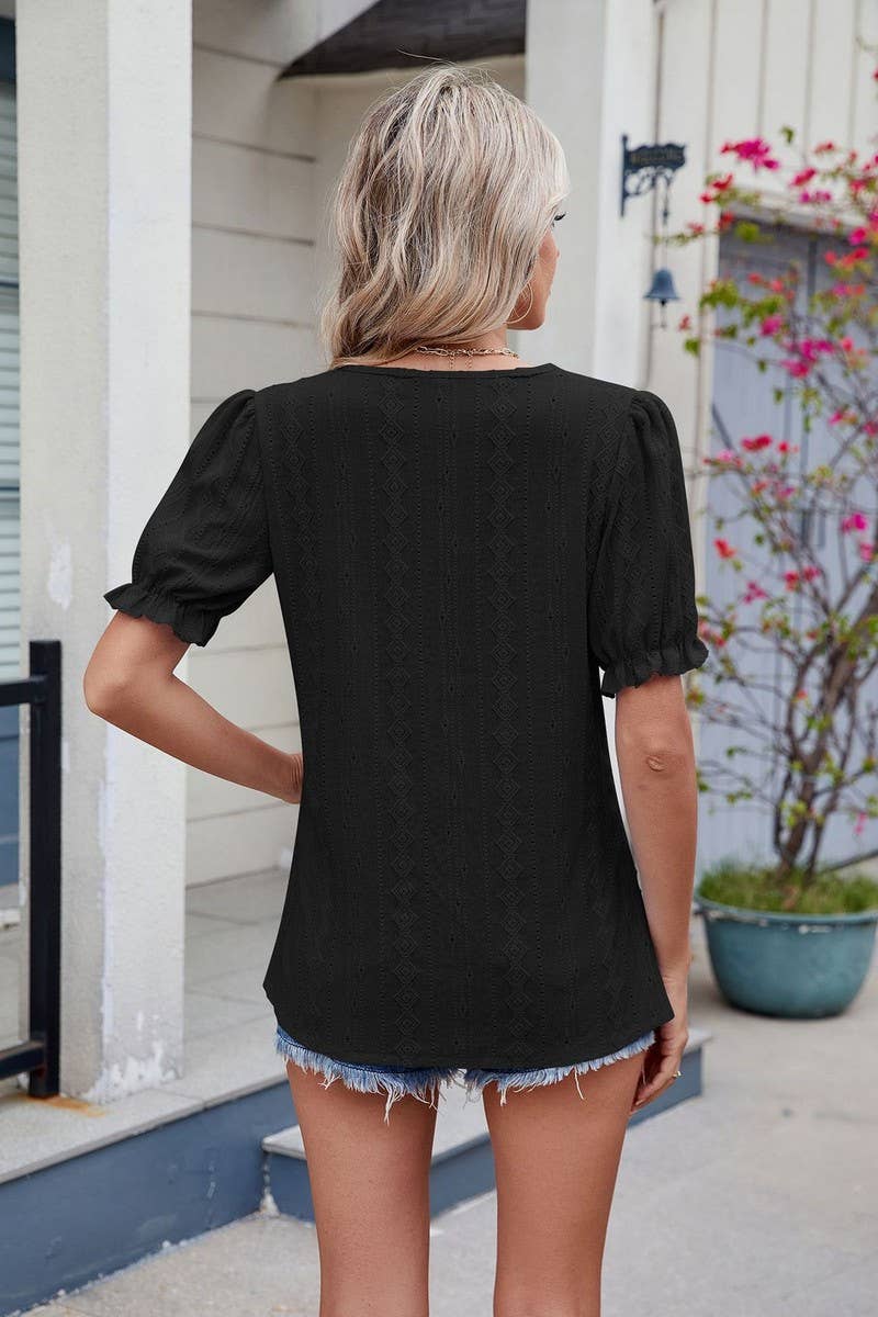 CWTBLS1727_SOLID COLOR V-NECK LOOSE PUFF SLEEVE JACQUARD TOP