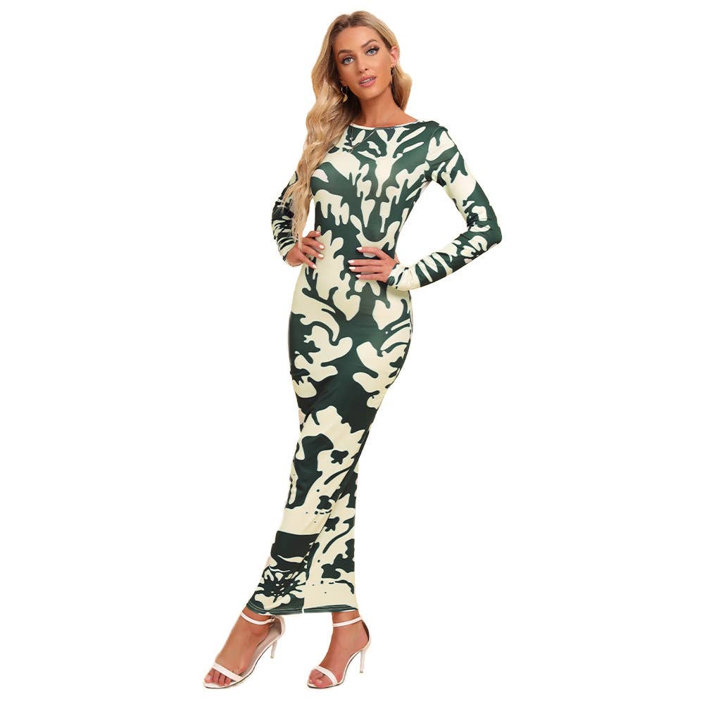 COLOR CONTRAST HALTER SLIM LONG-SLEEVED DRESS