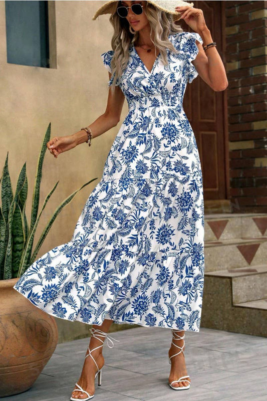 FLORAL PRINT DRESS WITH BUTTERFLY SLEEVES HEMMED