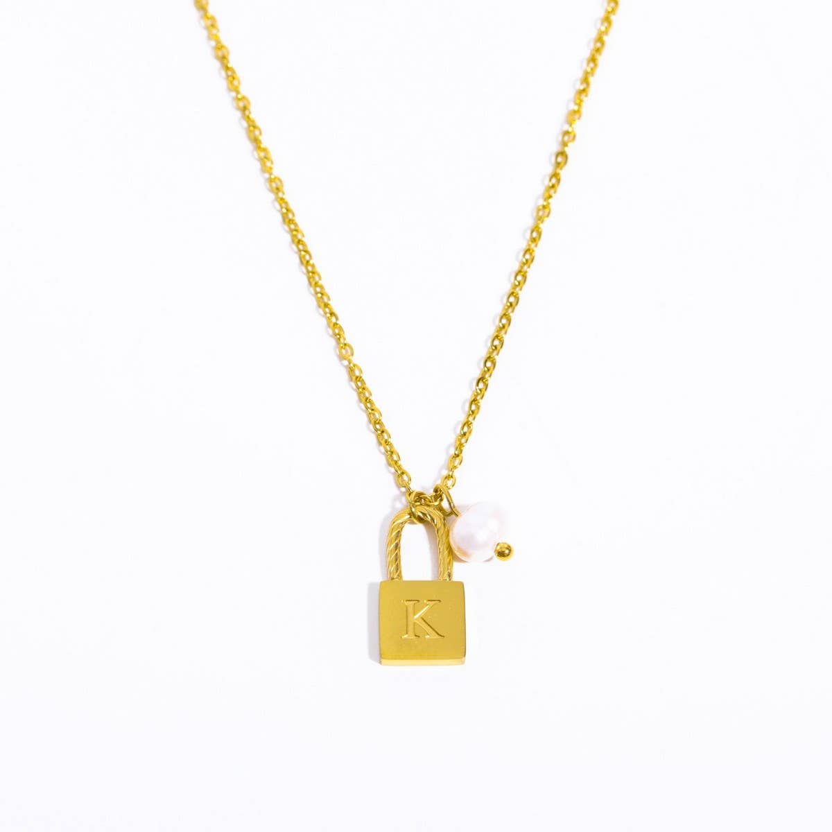 Stainless Steel Letter Pearl Lock Pendant Necklace_CWMM5298