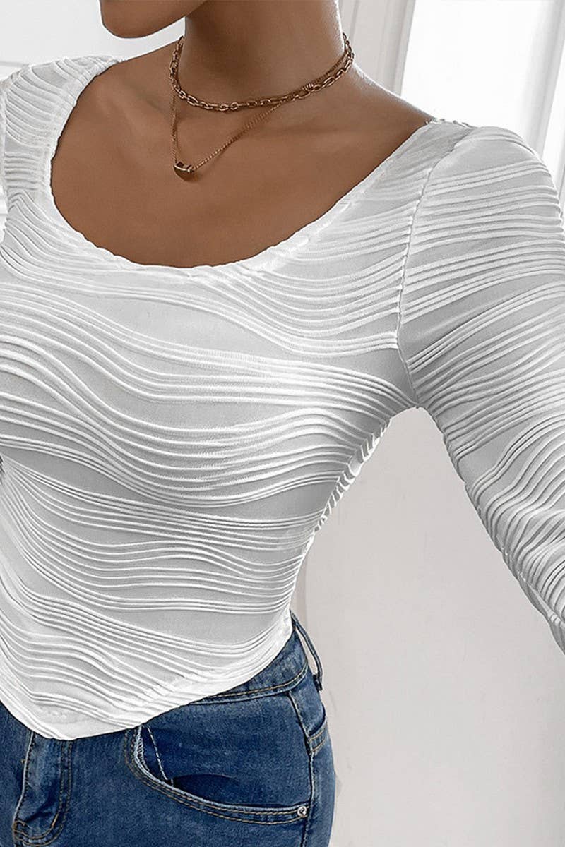 CWTTL1975_CURVED TEXTURED ROUND NECK SLIM FIT SEXY T-SHIRT