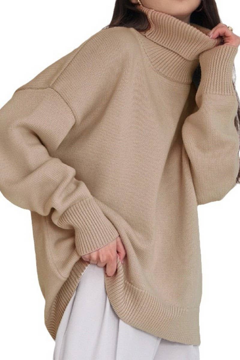 CWOSWL6381_SOLID COLOR HIGH COLLAR LOOSE KNIT SWEATER