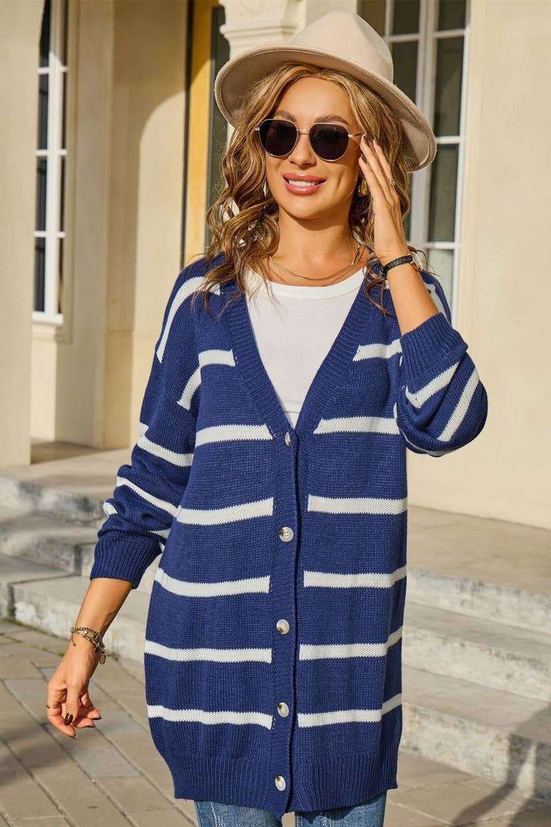 CWOCAL00803_BUTTON STRIPE LOOSE KNIT CARDIGAN JACKET
