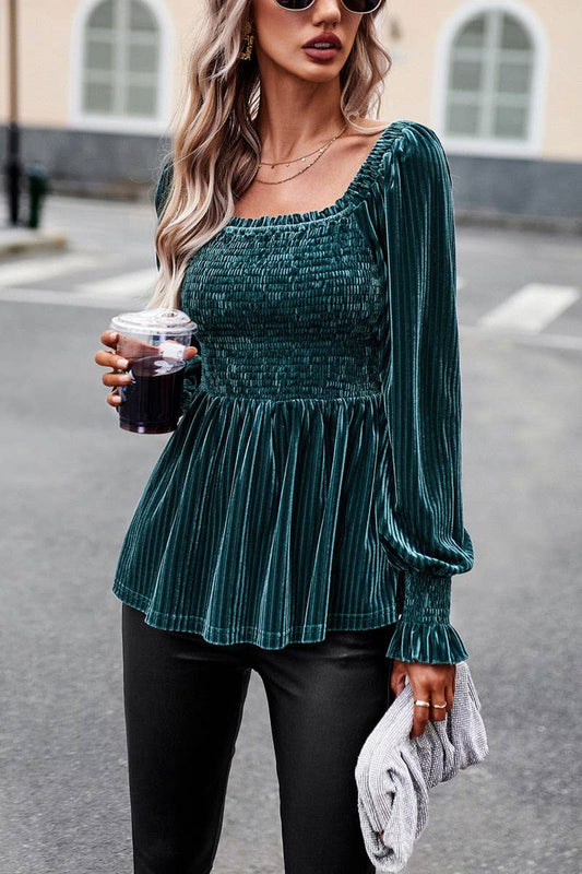 CWTBLL0391_Squre Neck Long Sleeve Smocking Detailed Top