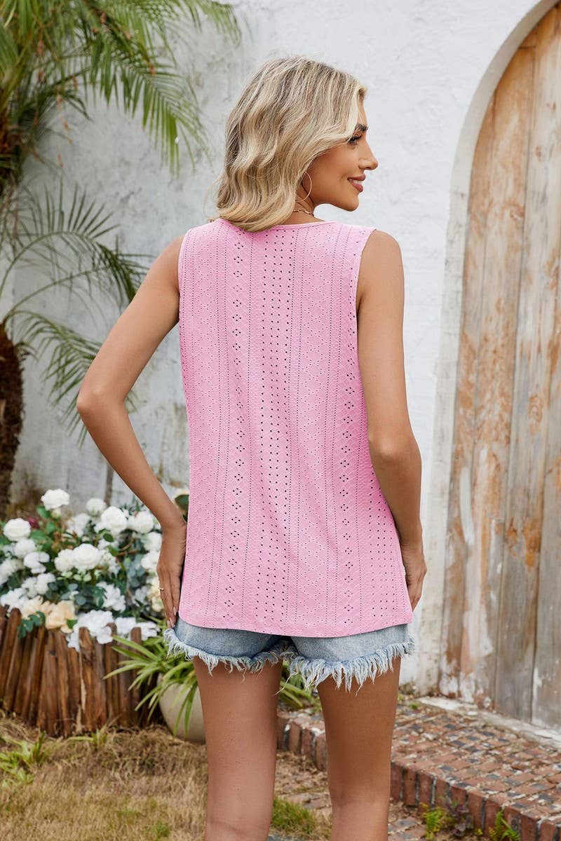 CWTBLSL0679_ROUND NECK CUTOUT PLEATED SLEEVELESS T-SHIRT TOP