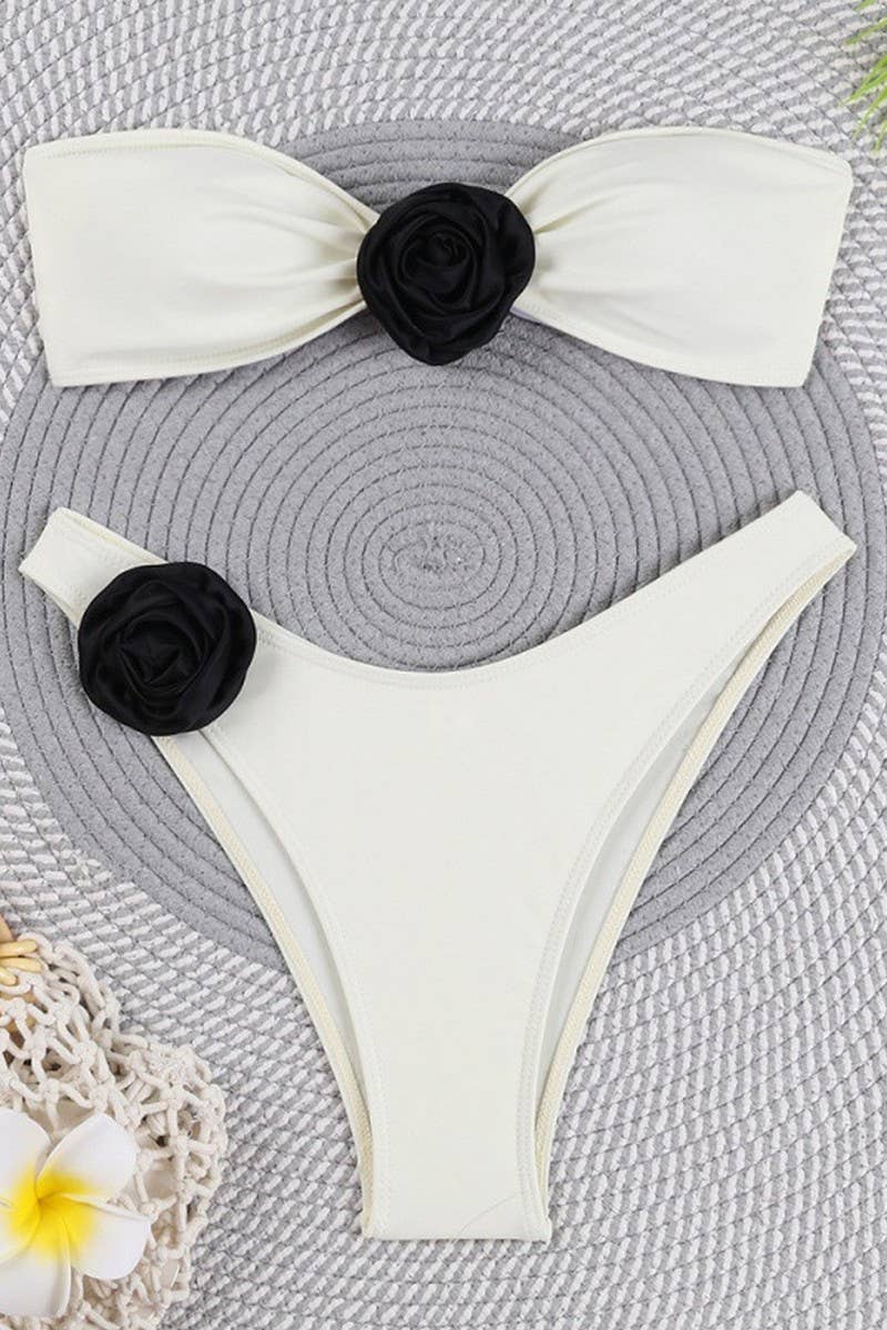 CWMW0874_SOLID COLOR 3D FLOWER BIKINI TWO-PIECE SWIMSUIT