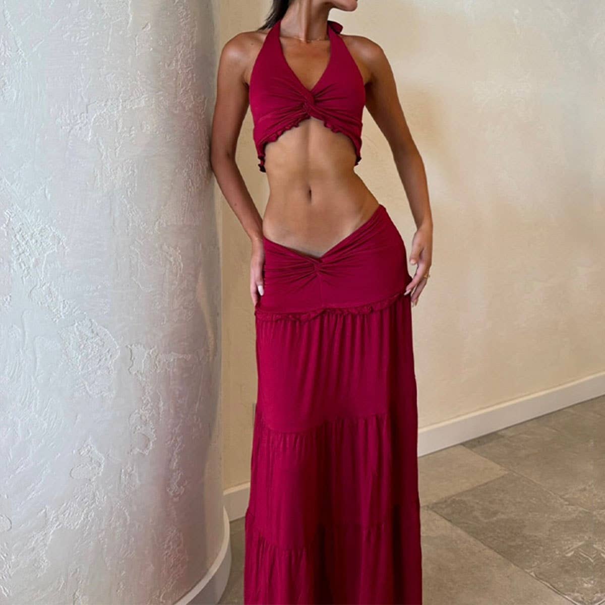 Crop cord pleated halter top and skirt set