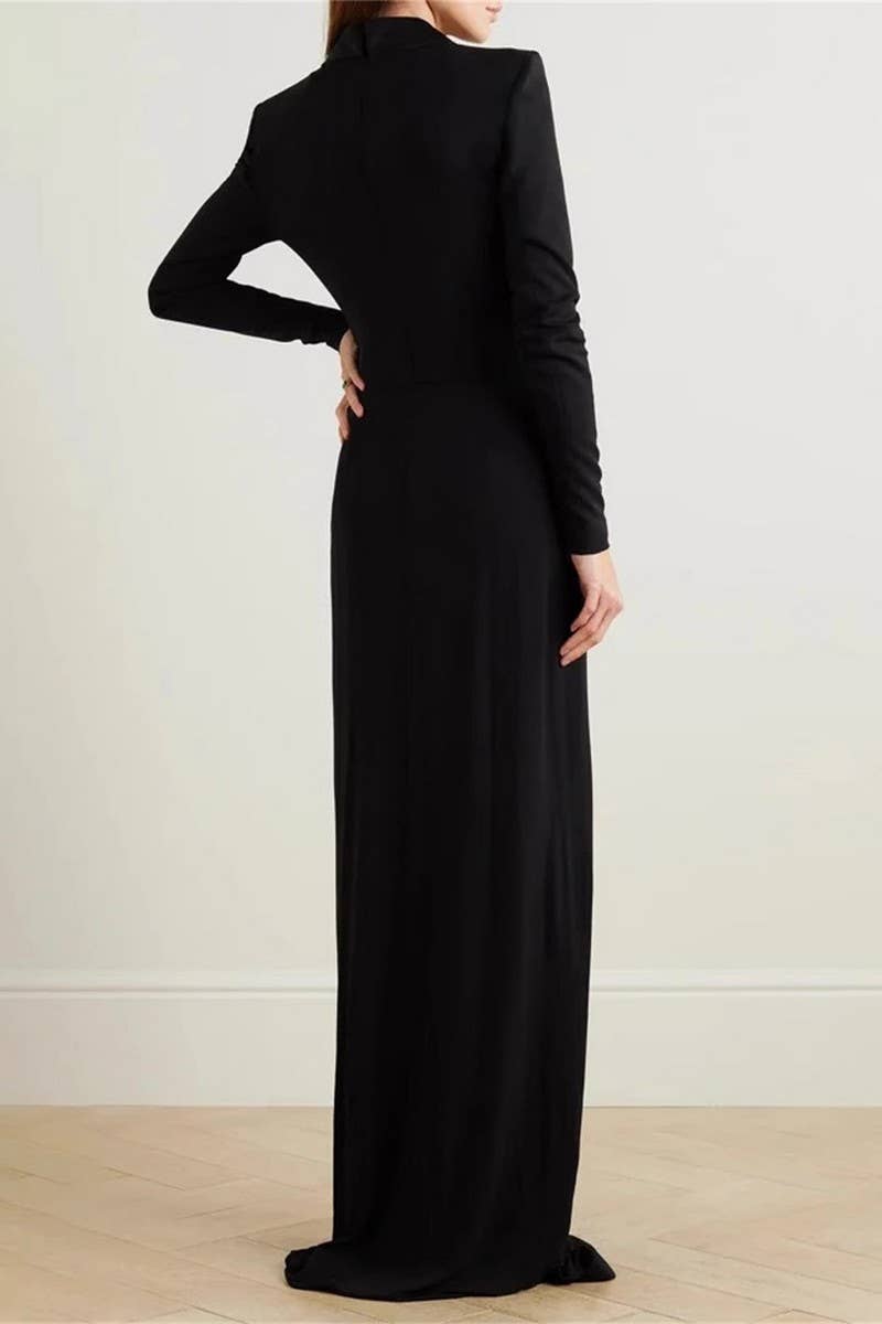 CWDMD6395_SEXY DEEP V PLEATED LONG DRESS SOLID COLOR DRESS