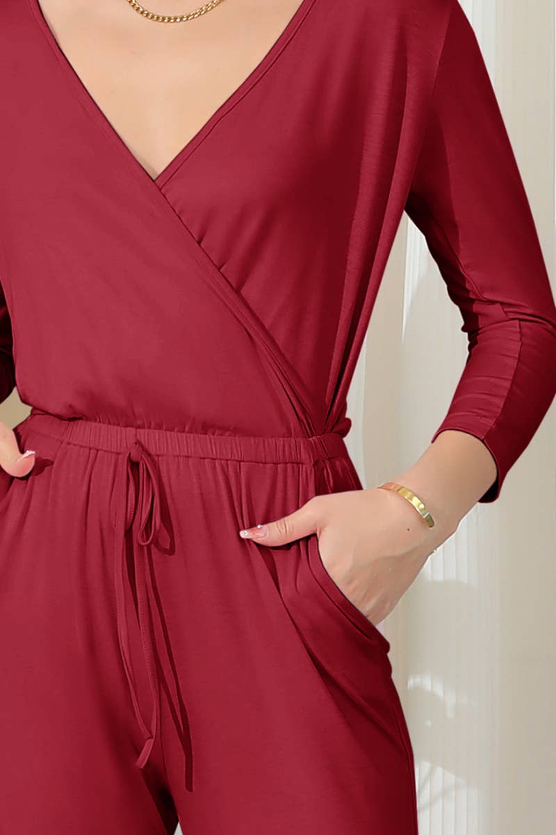 CWSJS221_V Neck Casual Jumpsuits Long Sleeve