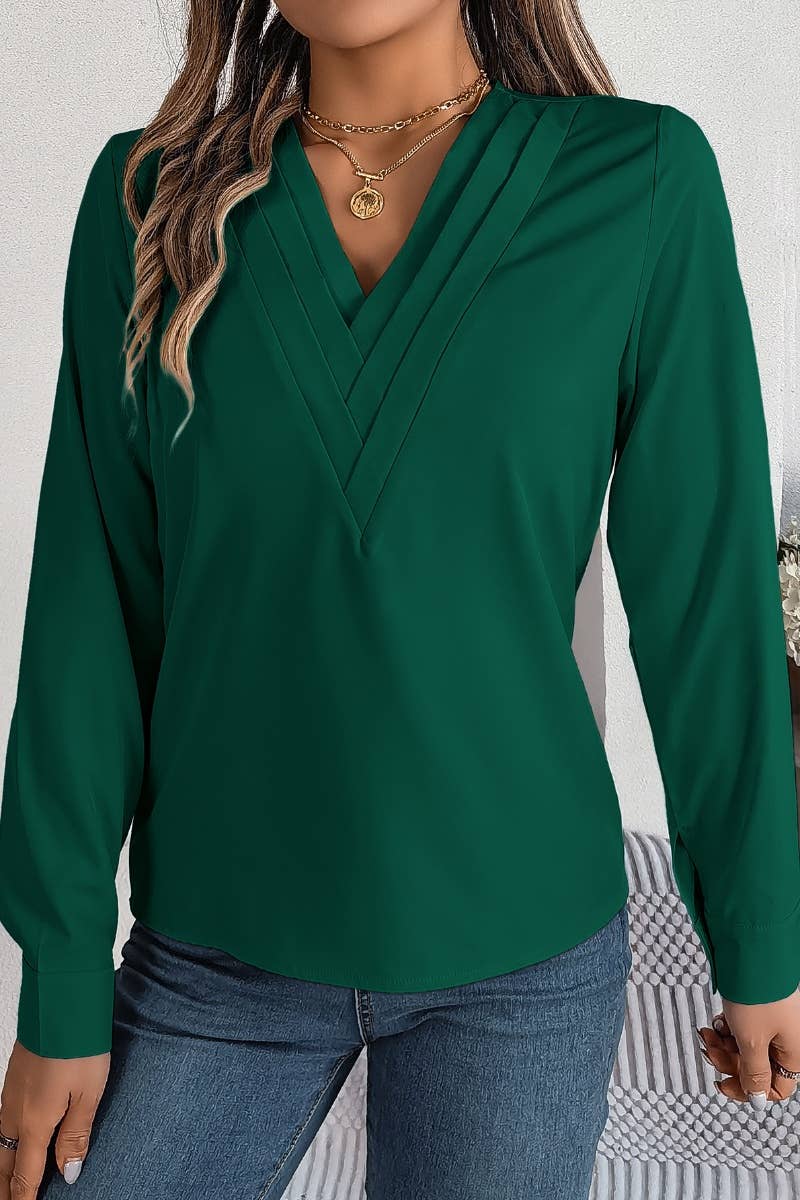 CWTBLL2646_AUTUMN SOLID COLOR V-NECK LONG SLEEVE SHIRT TOP