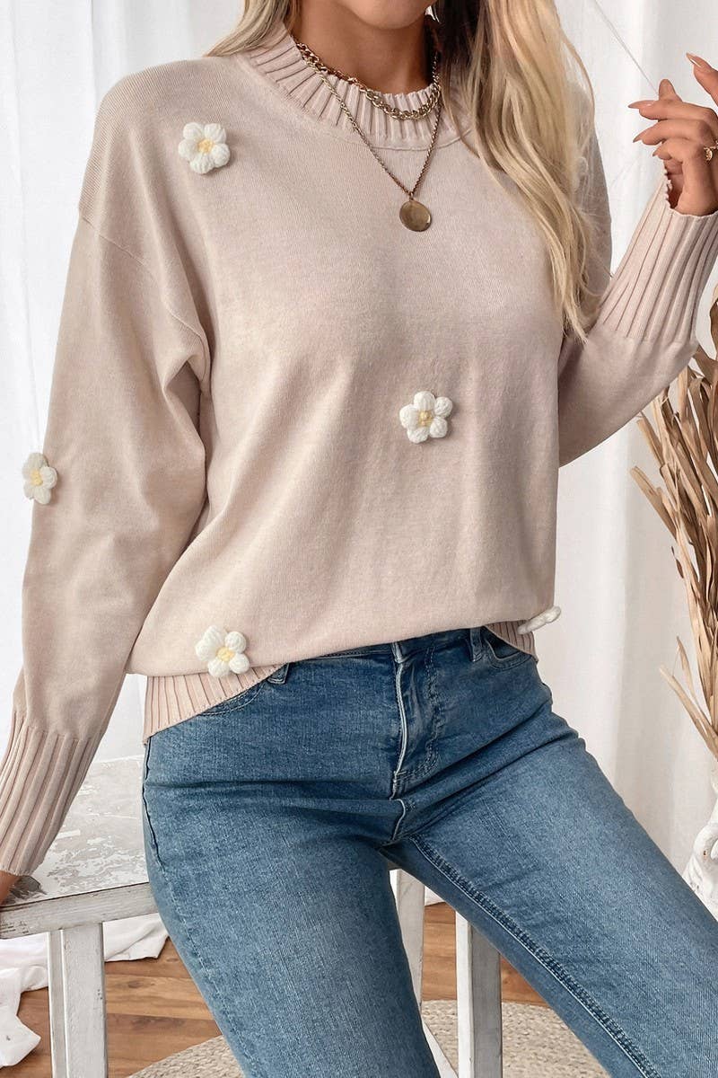 CWOSWL6838_FALL FLORAL KNITTED CREWNECK SWEATER