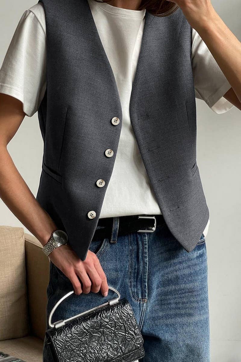 CWSTB1475_SOLID COLOR SUIT VEST TOP PANTS SET