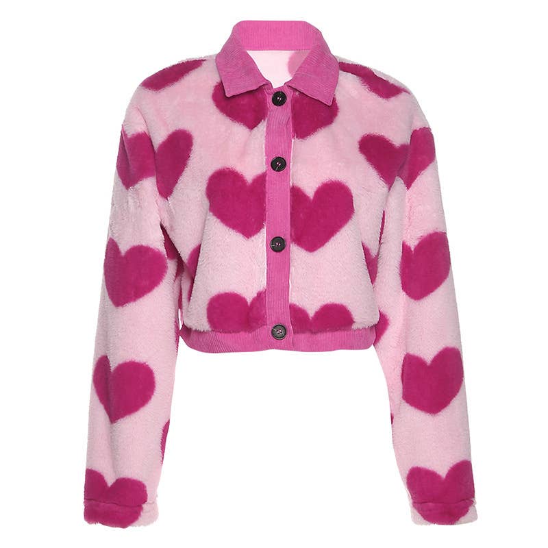 COLOR CONTRAST FASHION LOVE LAPEL PLUSH COAT