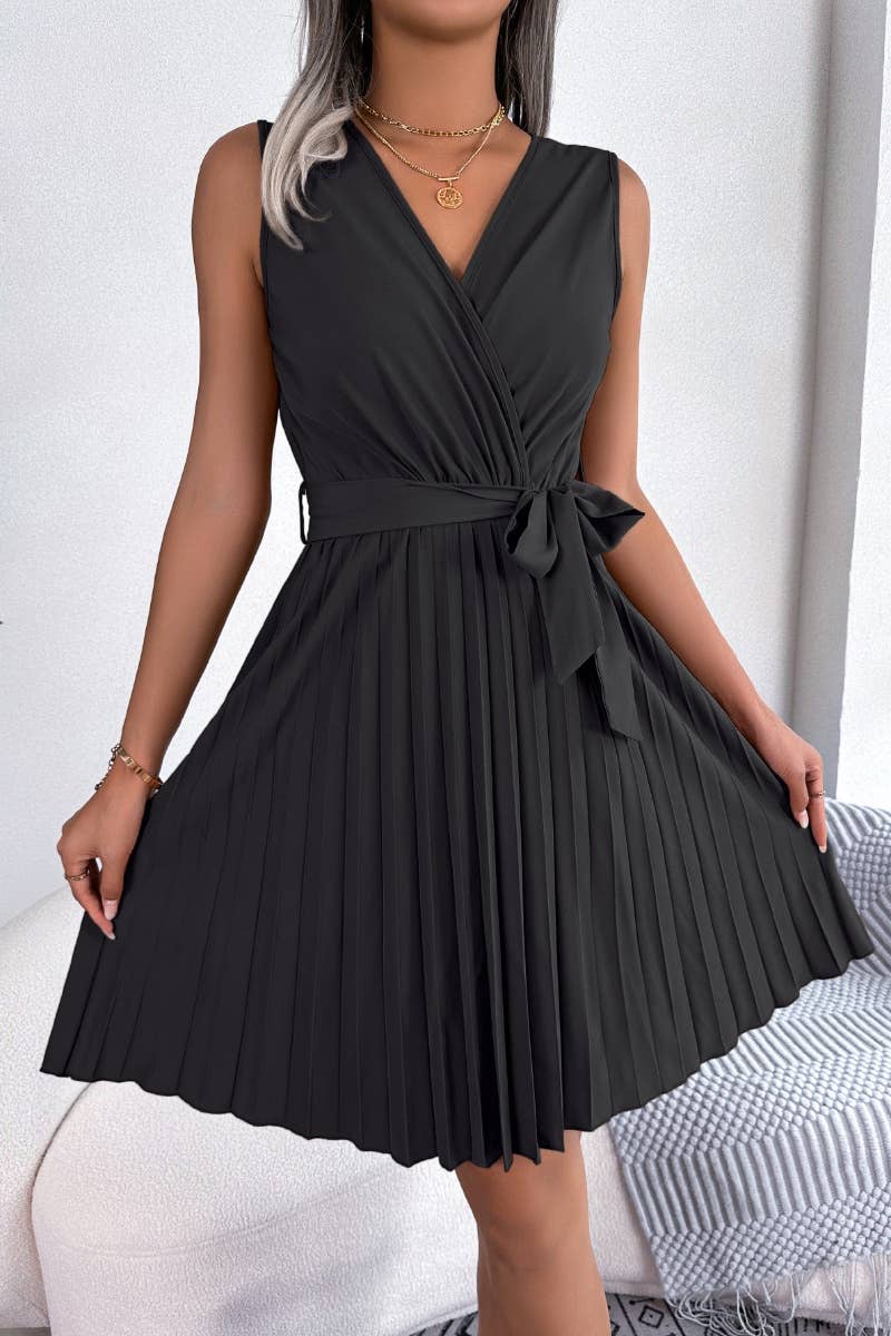 CWDSD4634_CROSS V-NECK SLEEVELESS WAIST PLEAT DRESS