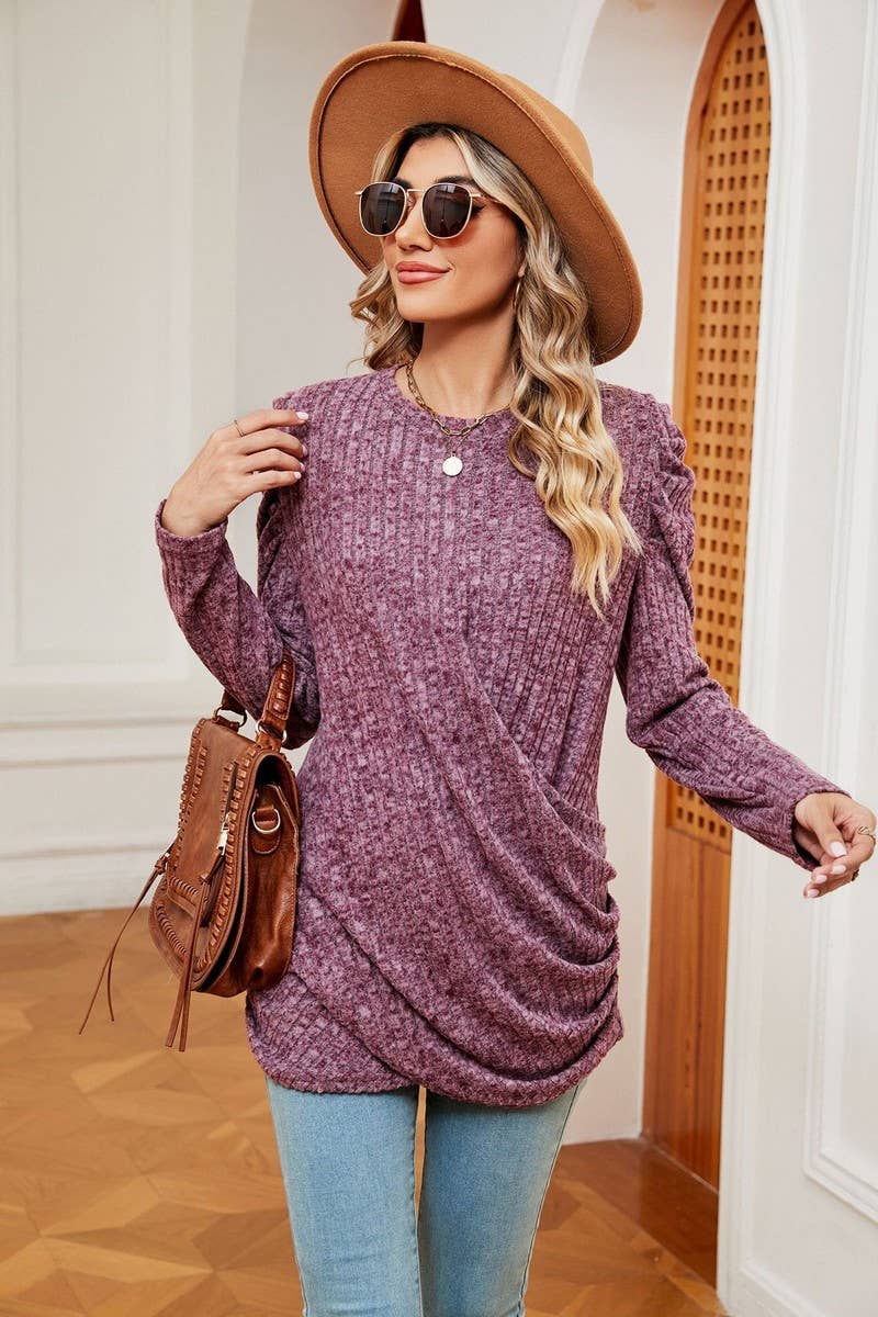CWTBLL2403_ROUND NECK LONG SLEEVE TWISTED PUFF SLEEVE TOP