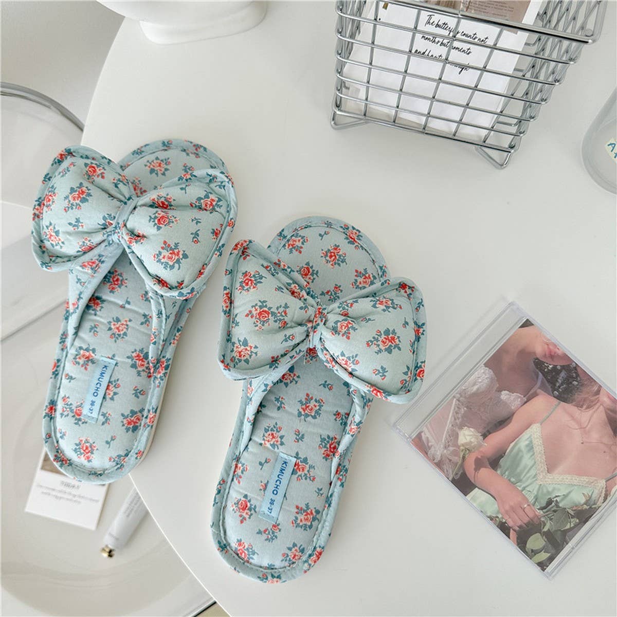 LIGHT BLUE FLORAL BOW-KNOT THICK-SOLED HOME SHOES