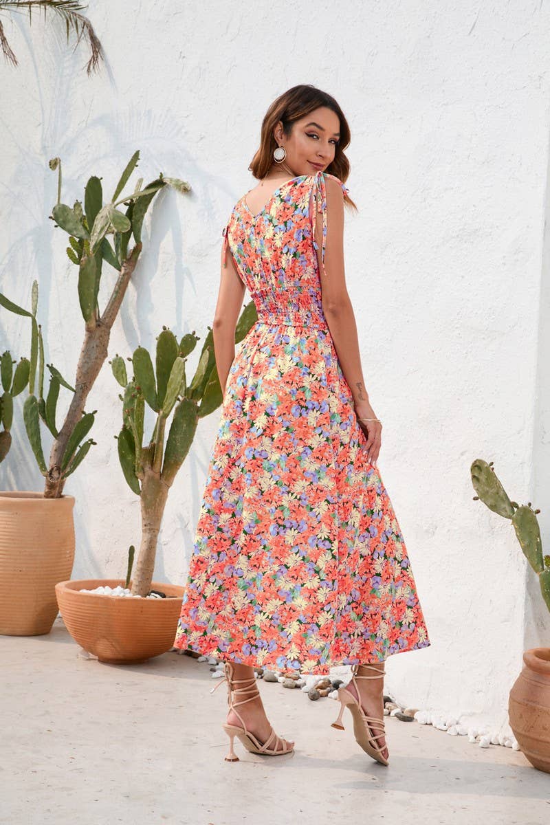 CWDMD2143_FLORAL PRINT WAISTLINE V-NECK HALTER DRESS