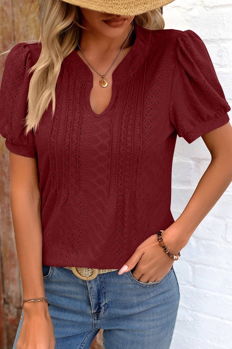 CWTBLS0794_SOLID COLOR V NECK LOOSE SHORT SLEEVED TOP