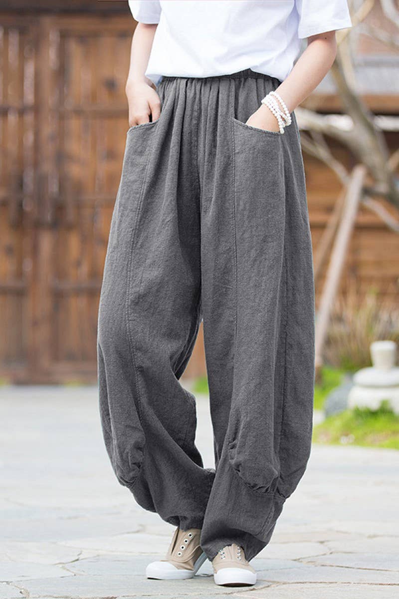 CWBLP1379_SOLID COLOR RAMIE SAND-WASHED WIDE-LEG PANTS