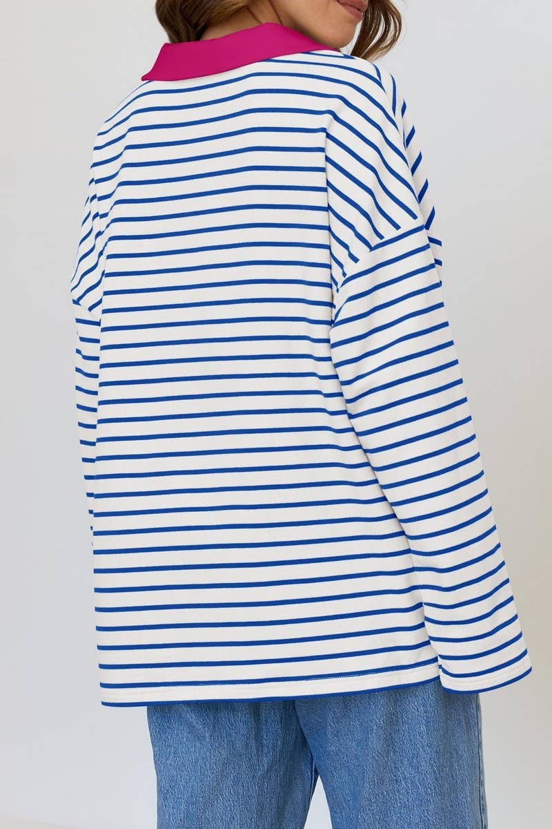 CWTBLL1811_LAPEL STRIPED V-NECK LOOSE SWEATSHIRT