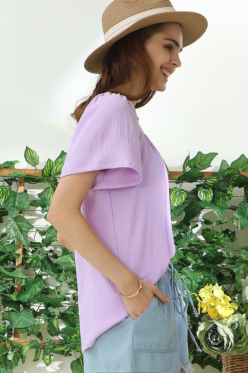 CWTBLS192-P_SQURE NECK RUFFLE NECK SHORT SLEEVE BLOUSES TOP