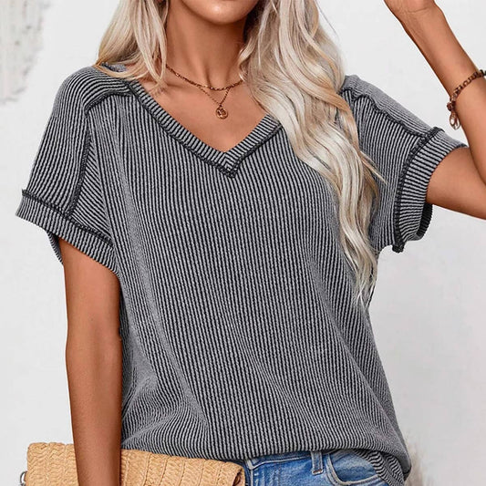 Fashion two-tone twist short sleeve V-neck shirt