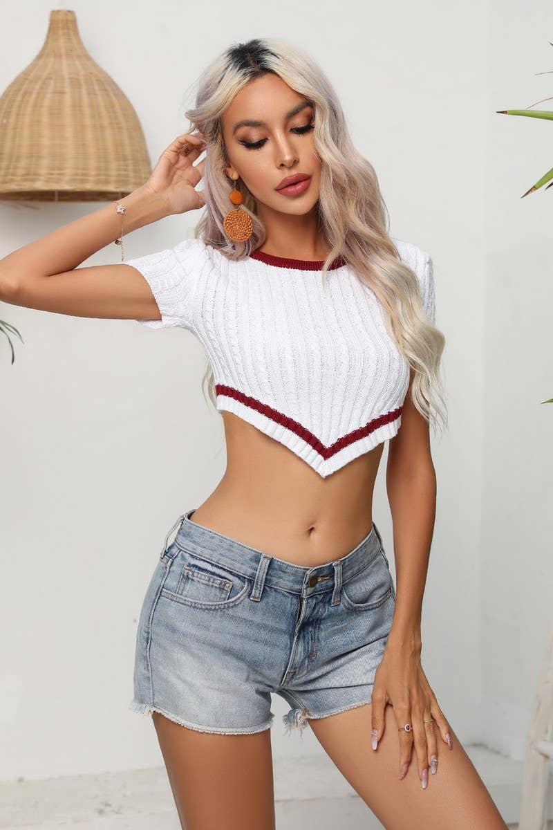 CWOSWS0063_Round Neck Short Sleeve Crop Top Sweater