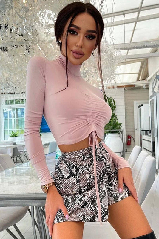 CWTBLL3773_PLEATED MIDRIFF-EXPOSED MOCK NECK LONG SLEEVE TOP